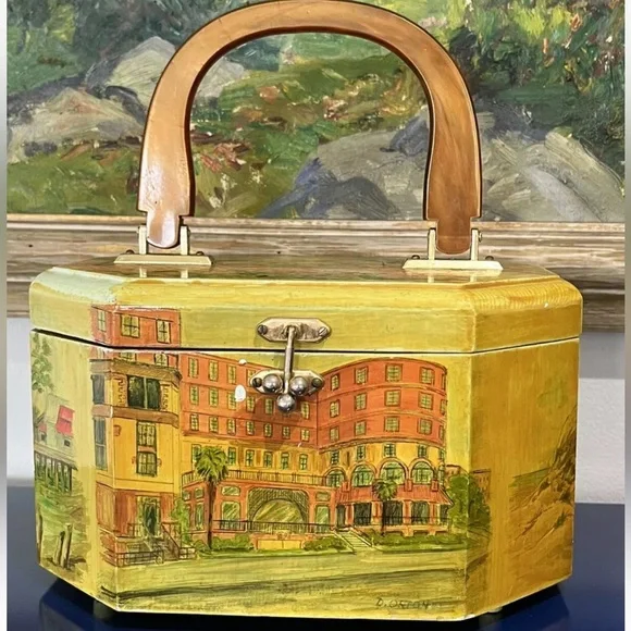 Floral Building Scenic Wood Box Purse Bag Pink Orange Green Vintage 60s 70s - Picture 8 of 8